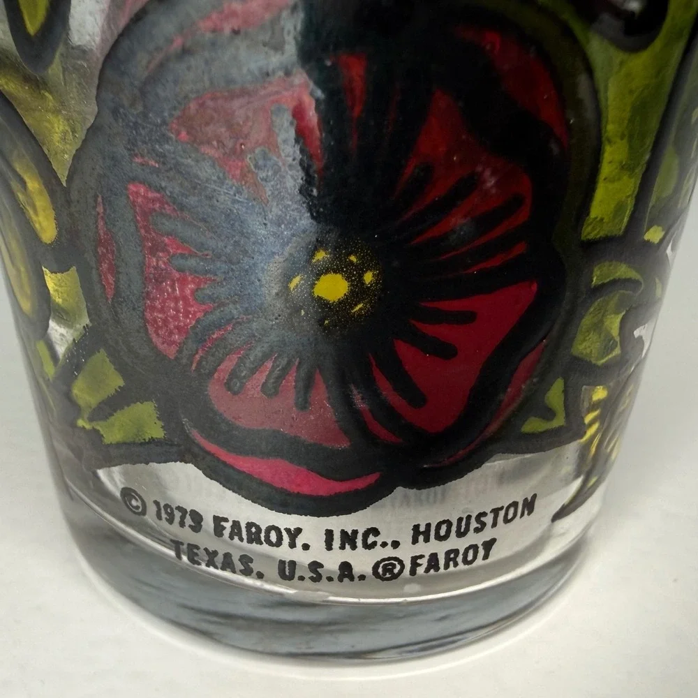 Vintage 1973 Faroy Inc Houston Butterfly Flower Stained Glass Style Juice Glass